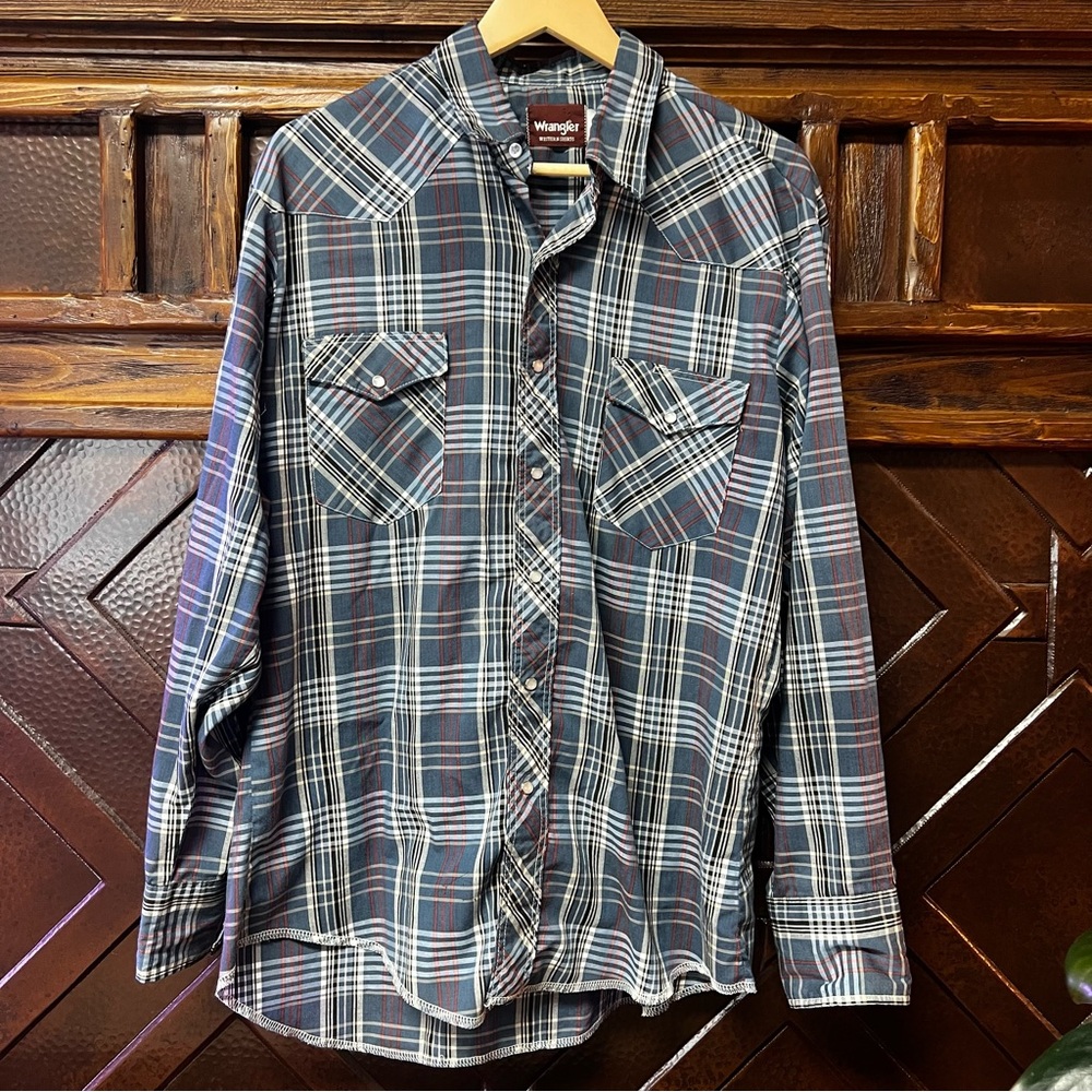 Wrangler Men's Blue Plaid Pearl Snap Long-sleeve Shirt - Large